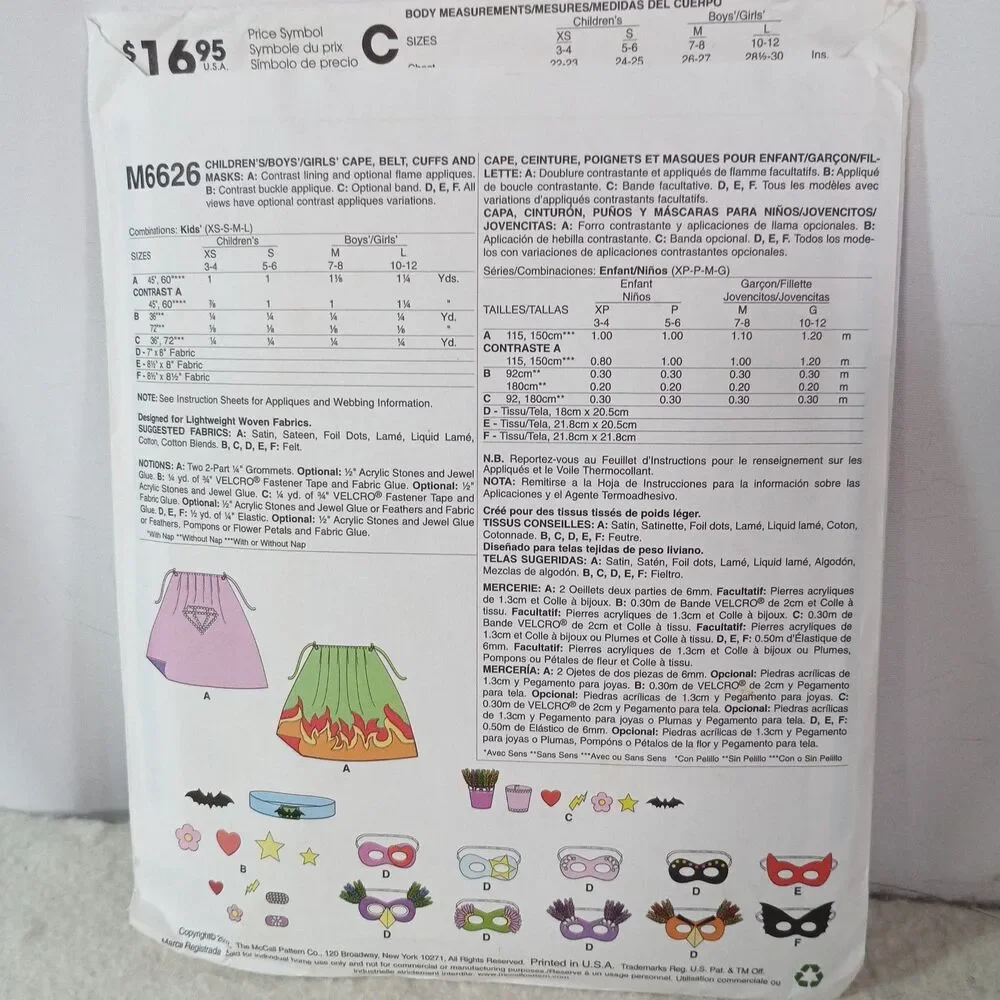 McCall's M6626 Kids Superhero Costume Cape Mask Belt Pattern XS-L UNCUT